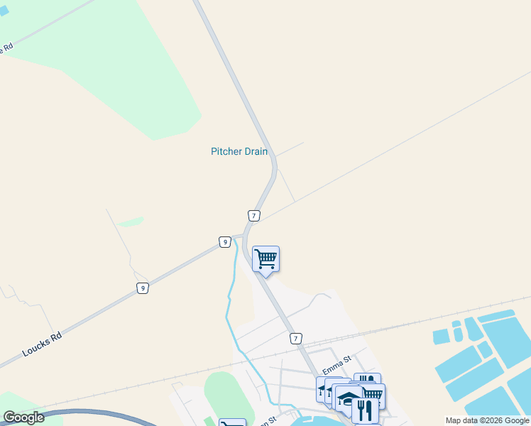 map of restaurants, bars, coffee shops, grocery stores, and more near 13459 Loucks Road in Chesterville