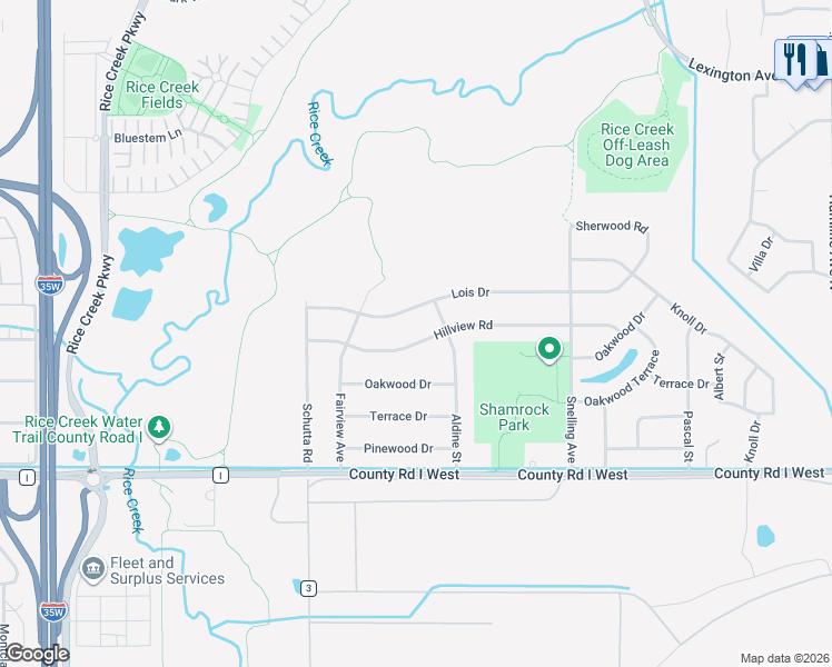 map of restaurants, bars, coffee shops, grocery stores, and more near 1716 Lois Drive in Shoreview