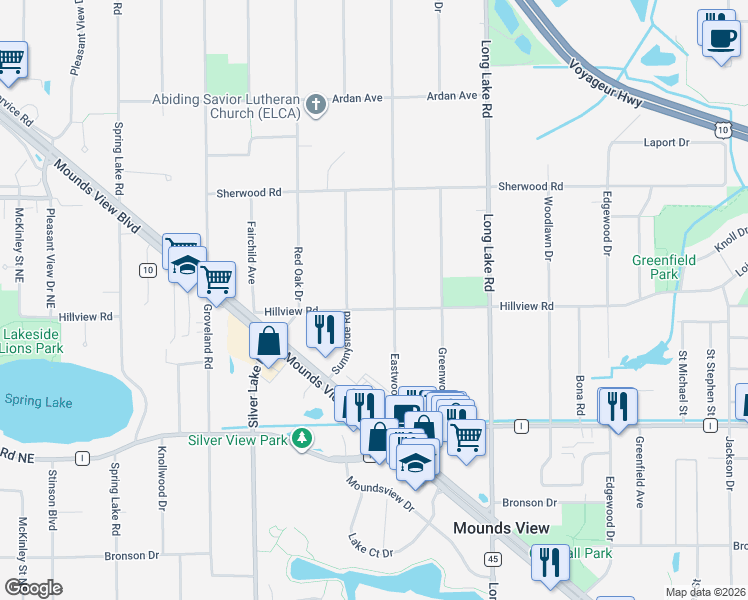 map of restaurants, bars, coffee shops, grocery stores, and more near 7945 Sunnyside Road in Mounds View