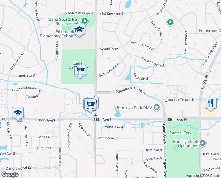 map of restaurants, bars, coffee shops, grocery stores, and more near 5653 88th Crescent Circle in Minneapolis