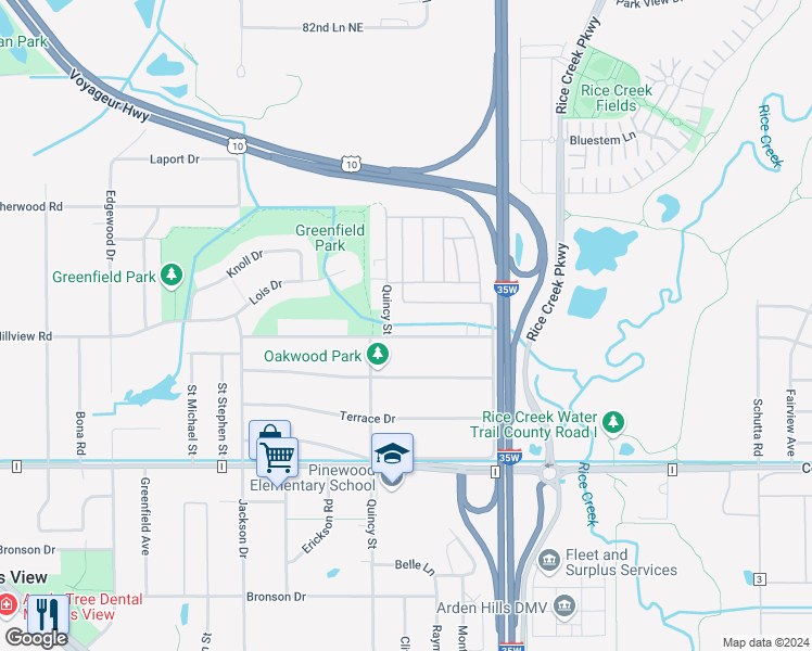 map of restaurants, bars, coffee shops, grocery stores, and more near 2110 Cornell Drive in Mounds View