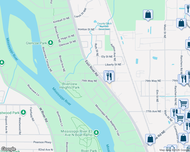 map of restaurants, bars, coffee shops, grocery stores, and more near in Fridley
