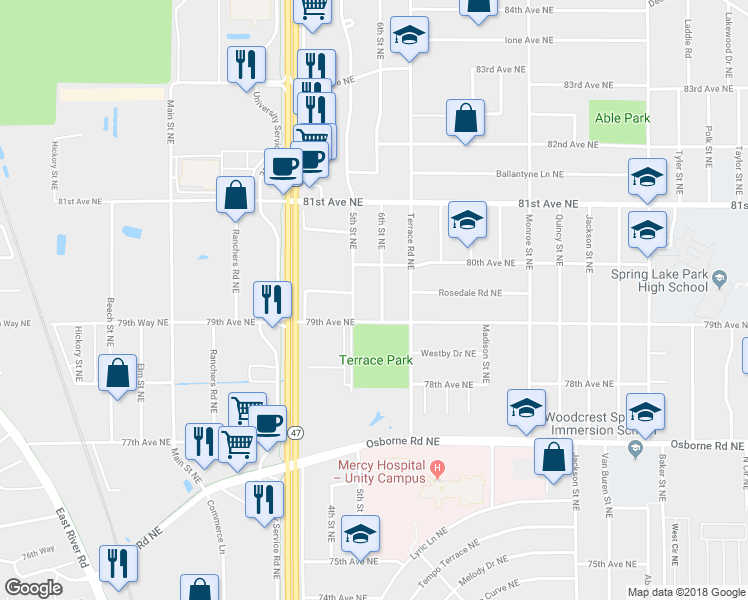 map of restaurants, bars, coffee shops, grocery stores, and more near 7912 6th Street Northeast in Spring Lake Park