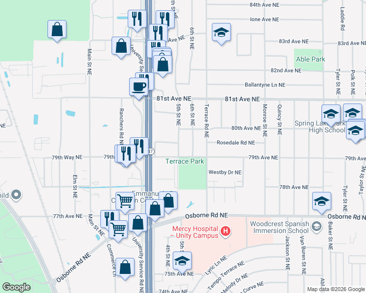 map of restaurants, bars, coffee shops, grocery stores, and more near 7919 5th Street Northeast in Minneapolis