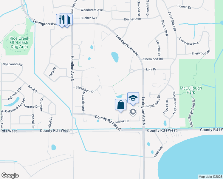 map of restaurants, bars, coffee shops, grocery stores, and more near 1226 Silverthorn Court in Shoreview