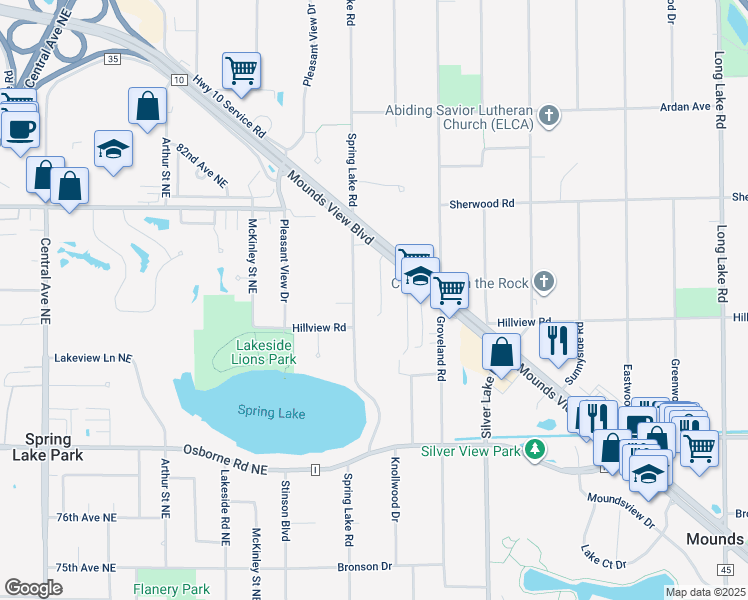 map of restaurants, bars, coffee shops, grocery stores, and more near 1850 County Highway 10 in Spring Lake Park