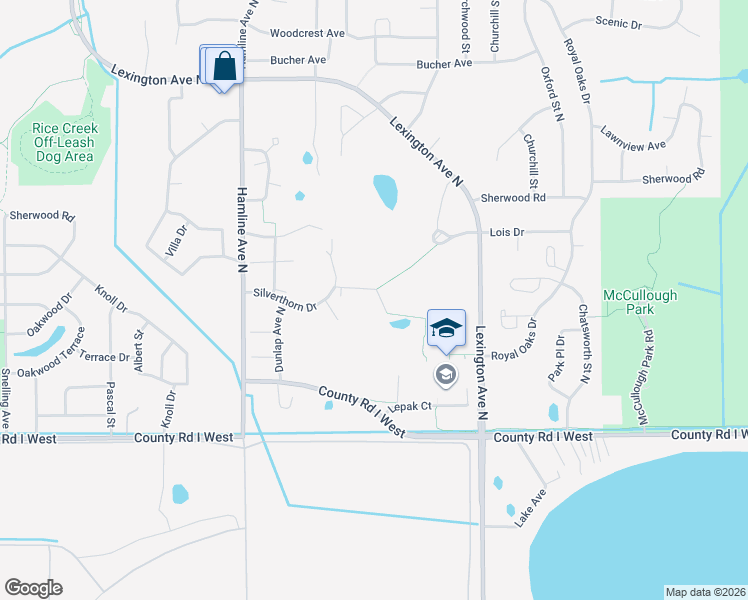 map of restaurants, bars, coffee shops, grocery stores, and more near 1226 Silverthorn Court in Shoreview