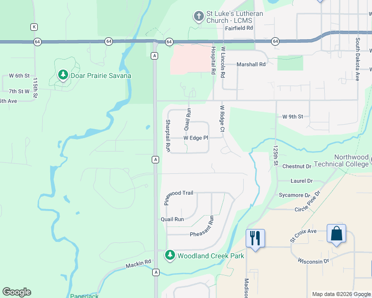 map of restaurants, bars, coffee shops, grocery stores, and more near 1208 West Edge Place in New Richmond