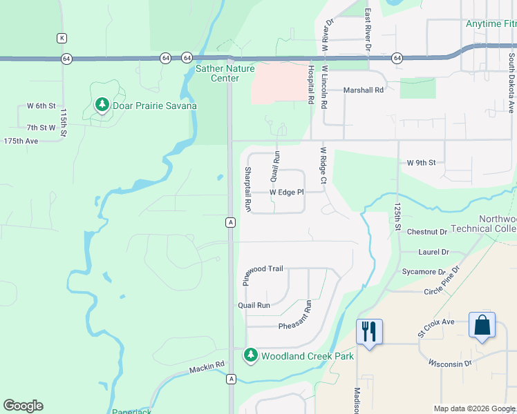 map of restaurants, bars, coffee shops, grocery stores, and more near 1208 West Edge Place in New Richmond