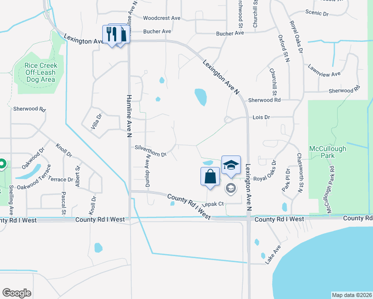 map of restaurants, bars, coffee shops, grocery stores, and more near 1226 Silverthorn Court in Shoreview