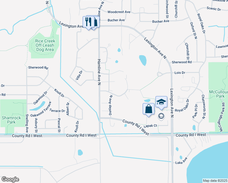 map of restaurants, bars, coffee shops, grocery stores, and more near 1295 Silverthorn Drive in Shoreview