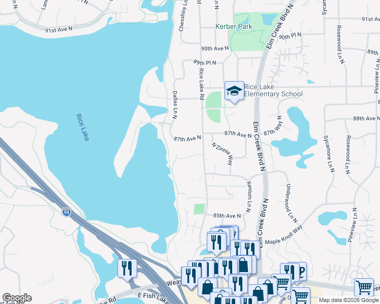 map of restaurants, bars, coffee shops, grocery stores, and more near 13994 Rice Lake Circle in Maple Grove