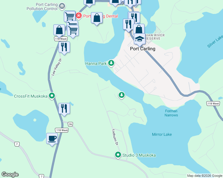 map of restaurants, bars, coffee shops, grocery stores, and more near 8 Riverview Drive in Port Carling