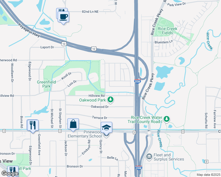 map of restaurants, bars, coffee shops, grocery stores, and more near 2110 Cornell Drive in Mounds View