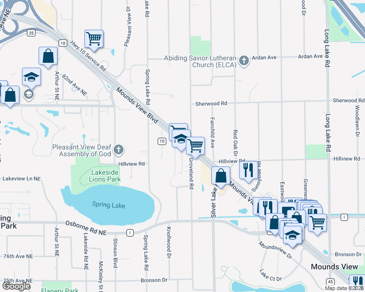 map of restaurants, bars, coffee shops, grocery stores, and more near 2665 Highway 10 Northeast in Mounds View