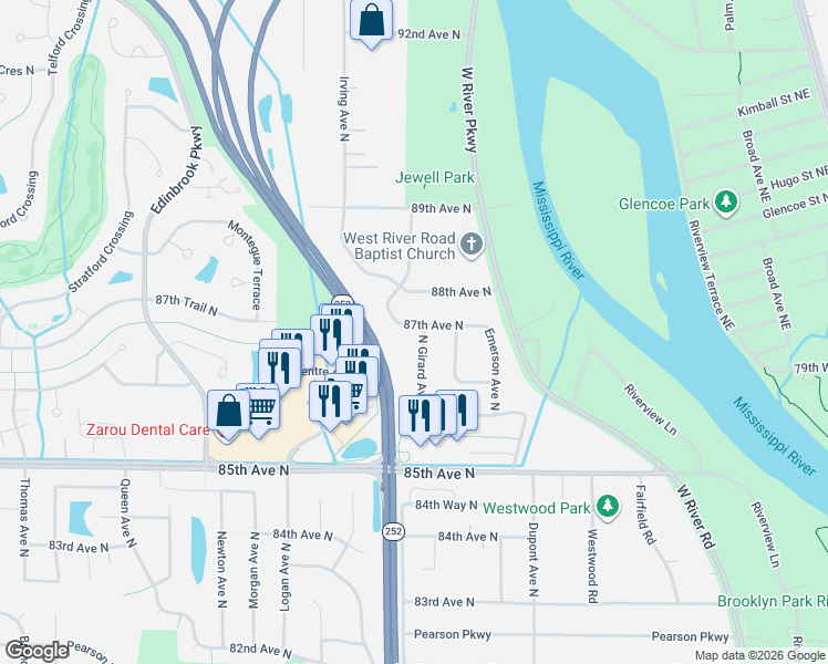 map of restaurants, bars, coffee shops, grocery stores, and more near 8665 North Girard Avenue in Minneapolis
