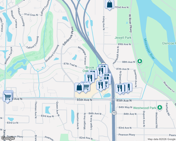 map of restaurants, bars, coffee shops, grocery stores, and more near 1809 87th Trail North in Minneapolis