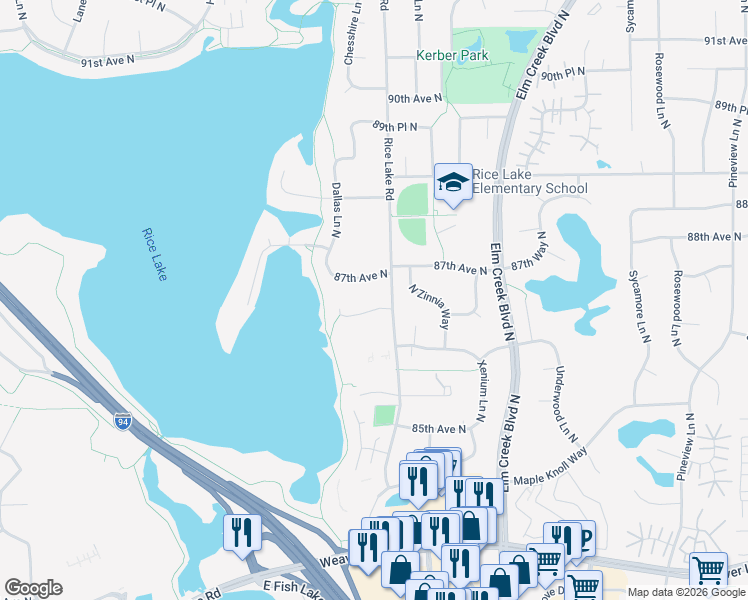 map of restaurants, bars, coffee shops, grocery stores, and more near 13994 Rice Lake Circle in Maple Grove
