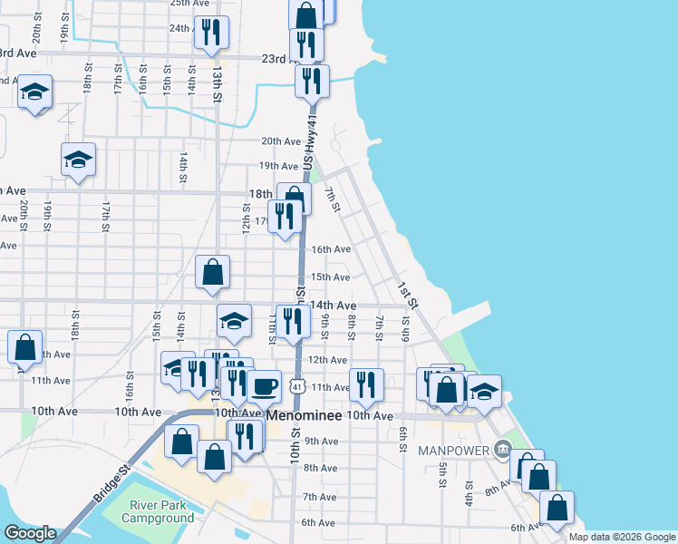 map of restaurants, bars, coffee shops, grocery stores, and more near 804 15th Avenue in Menominee