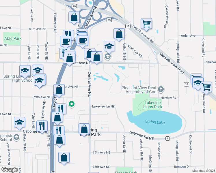 map of restaurants, bars, coffee shops, grocery stores, and more near 8018 Hayes Street Northeast in Minneapolis