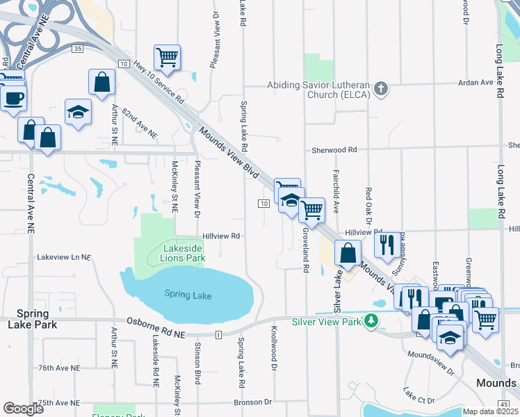 map of restaurants, bars, coffee shops, grocery stores, and more near 1850 County Highway 10 in Spring Lake Park