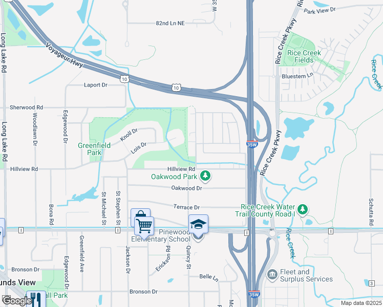 map of restaurants, bars, coffee shops, grocery stores, and more near 5661 Quincy Street in Mounds View