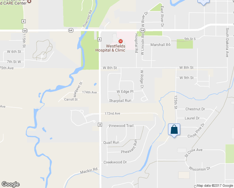 map of restaurants, bars, coffee shops, grocery stores, and more near 1208 West Edge Place in New Richmond