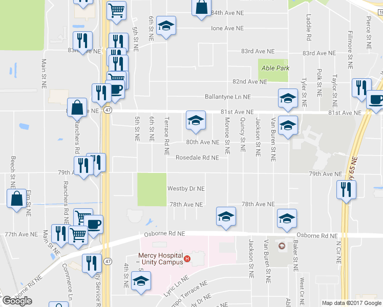 map of restaurants, bars, coffee shops, grocery stores, and more near 575 Rosedale Road Northeast in Minneapolis