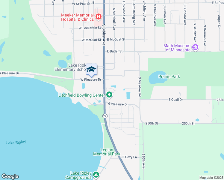 map of restaurants, bars, coffee shops, grocery stores, and more near 1205 South Sibley Avenue in Litchfield
