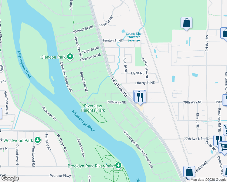 map of restaurants, bars, coffee shops, grocery stores, and more near 409 Longfellow Street Northeast in Fridley