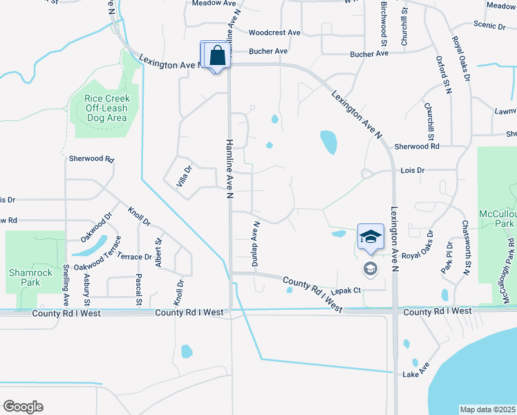 map of restaurants, bars, coffee shops, grocery stores, and more near 1295 Silverthorn Drive in Shoreview