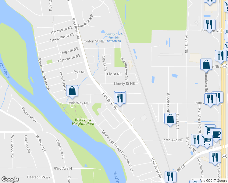 map of restaurants, bars, coffee shops, grocery stores, and more near 281 Longfellow Street Northeast in Fridley
