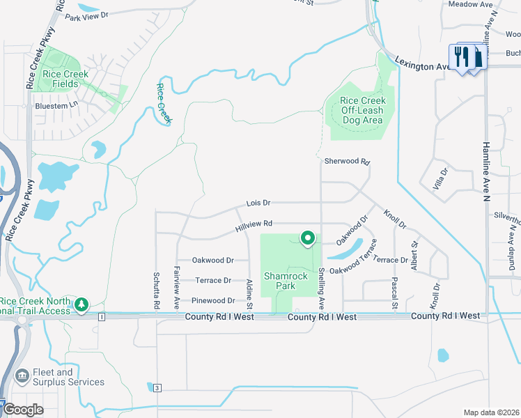 map of restaurants, bars, coffee shops, grocery stores, and more near 1676 Lois Drive in Shoreview