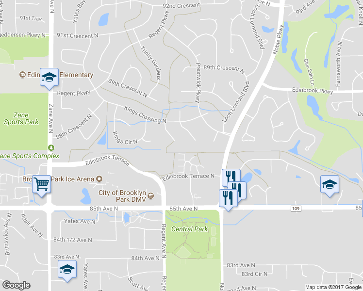 map of restaurants, bars, coffee shops, grocery stores, and more near 5027 Kings Terrace North in Minneapolis