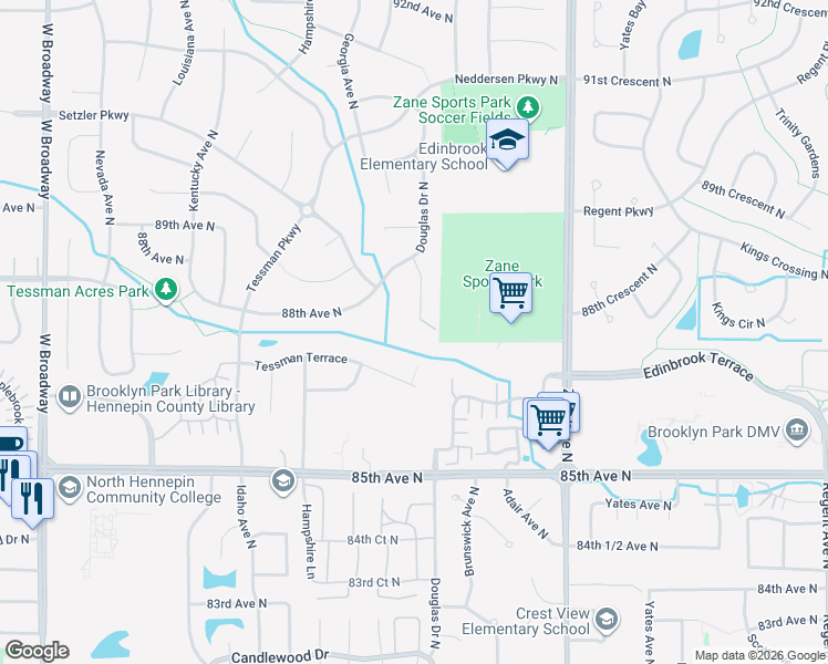 map of restaurants, bars, coffee shops, grocery stores, and more near 8705 Douglas Drive North in Minneapolis