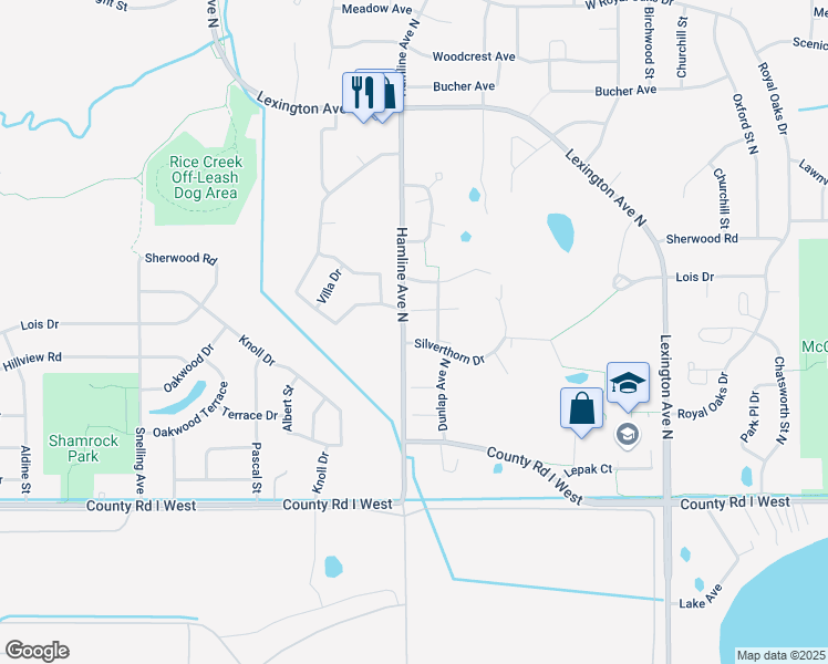 map of restaurants, bars, coffee shops, grocery stores, and more near 1331 Silverthorn Drive in Shoreview