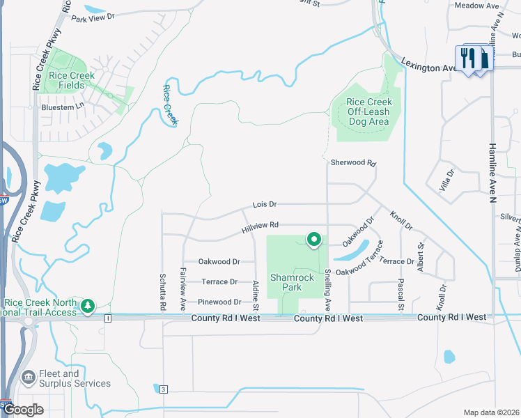 map of restaurants, bars, coffee shops, grocery stores, and more near 1676 Lois Drive in Shoreview