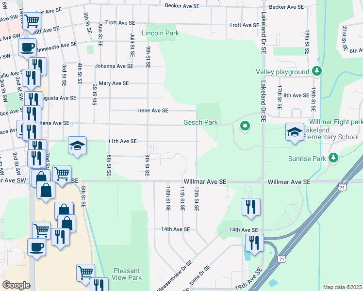 map of restaurants, bars, coffee shops, grocery stores, and more near 1100 11th Avenue Southeast in Willmar