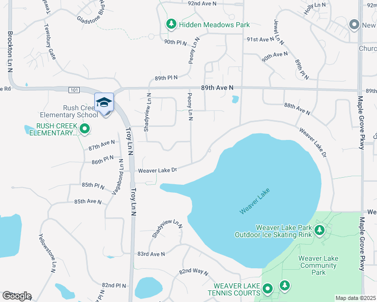 map of restaurants, bars, coffee shops, grocery stores, and more near 8687 Peony Lane North in Maple Grove