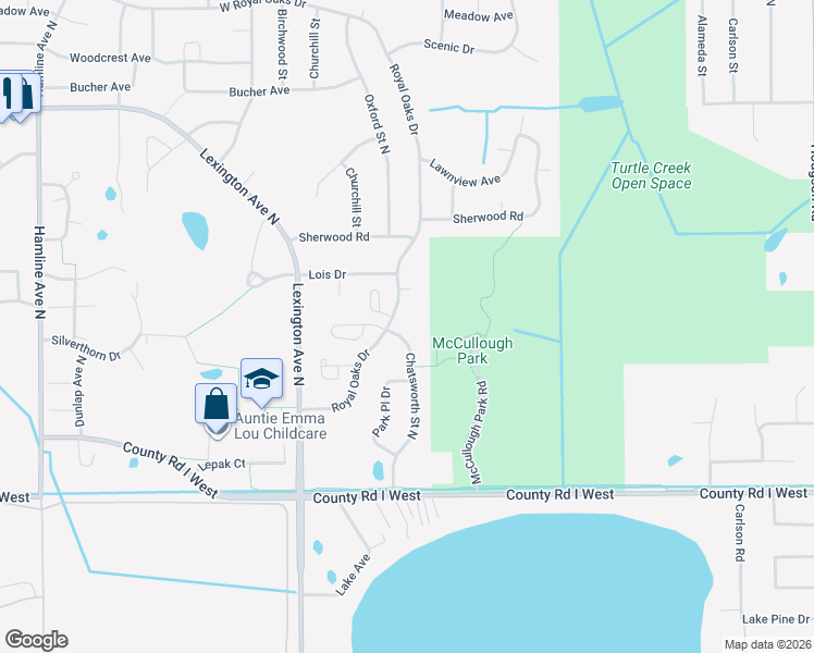 map of restaurants, bars, coffee shops, grocery stores, and more near 5663 Chatsworth Street North in Shoreview