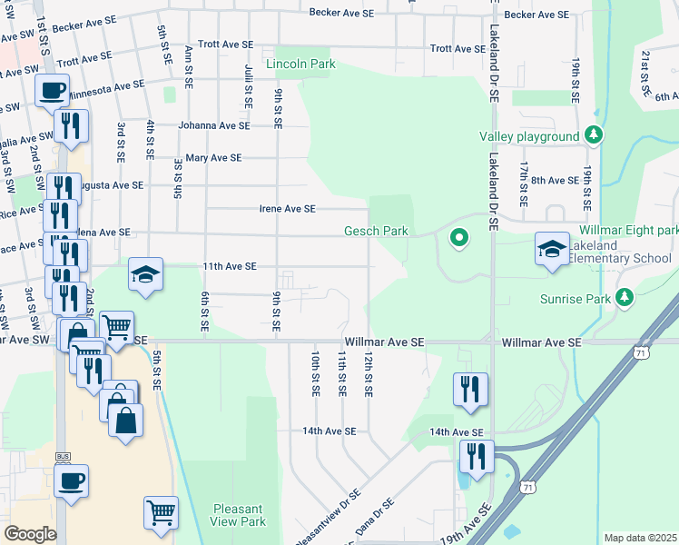 map of restaurants, bars, coffee shops, grocery stores, and more near 1100 11th Avenue Southeast in Willmar