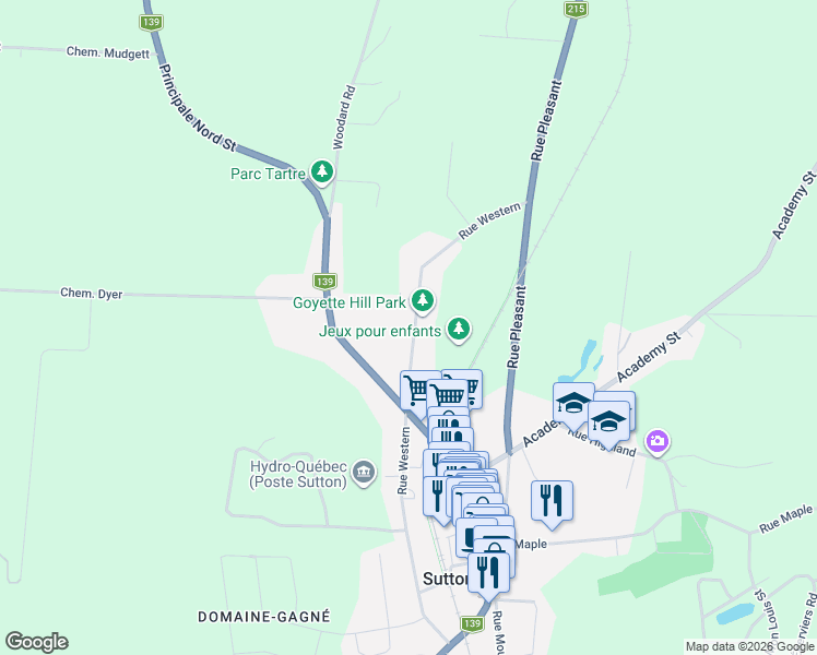 map of restaurants, bars, coffee shops, grocery stores, and more near 88 Rue Western in Sutton