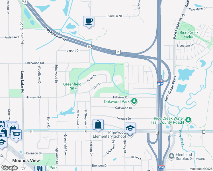 map of restaurants, bars, coffee shops, grocery stores, and more near 2242 Lois Drive in Mounds View