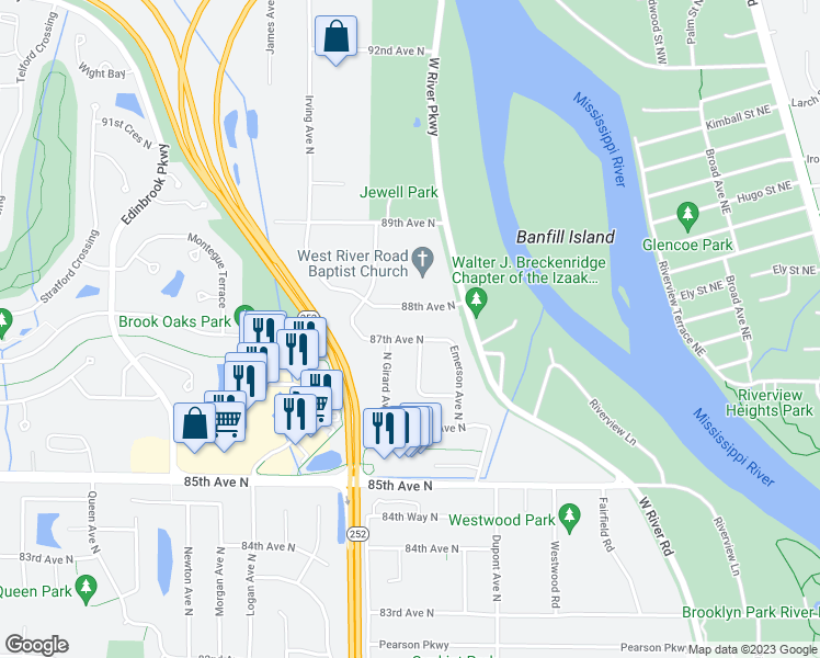 map of restaurants, bars, coffee shops, grocery stores, and more near 1324 87th Avenue North in Minneapolis