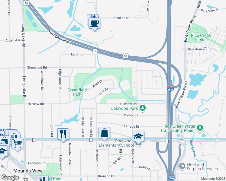 map of restaurants, bars, coffee shops, grocery stores, and more near 2242 Lois Drive in Mounds View