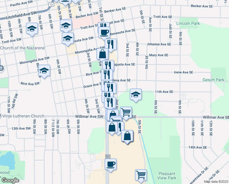 map of restaurants, bars, coffee shops, grocery stores, and more near 1100 2nd Street Southeast in Willmar