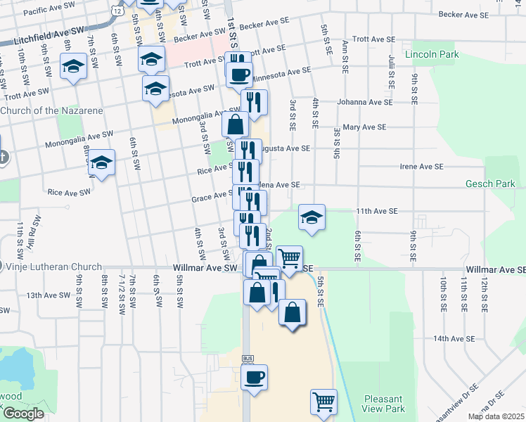 map of restaurants, bars, coffee shops, grocery stores, and more near 1100 2nd Street Southeast in Willmar