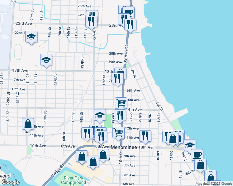 map of restaurants, bars, coffee shops, grocery stores, and more near 1000-1098 15th Ave in Menominee