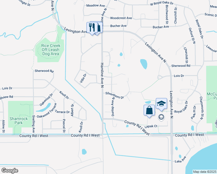 map of restaurants, bars, coffee shops, grocery stores, and more near 1331 Silverthorn Drive in Shoreview