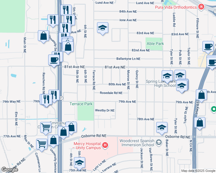 map of restaurants, bars, coffee shops, grocery stores, and more near 566 80th Avenue Northeast in Minneapolis